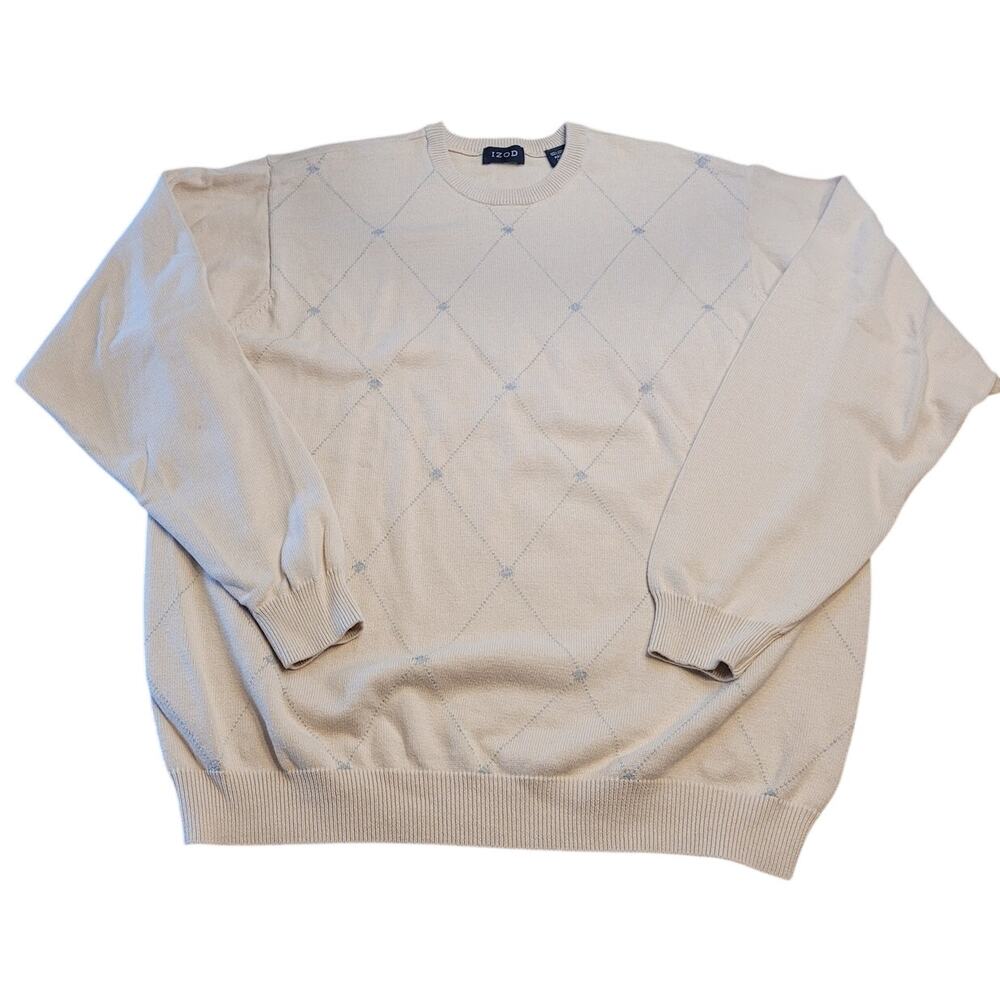 IZOD Argyle Cotton Sweater L Tan Diamond Knit Retro Preppy Luxe